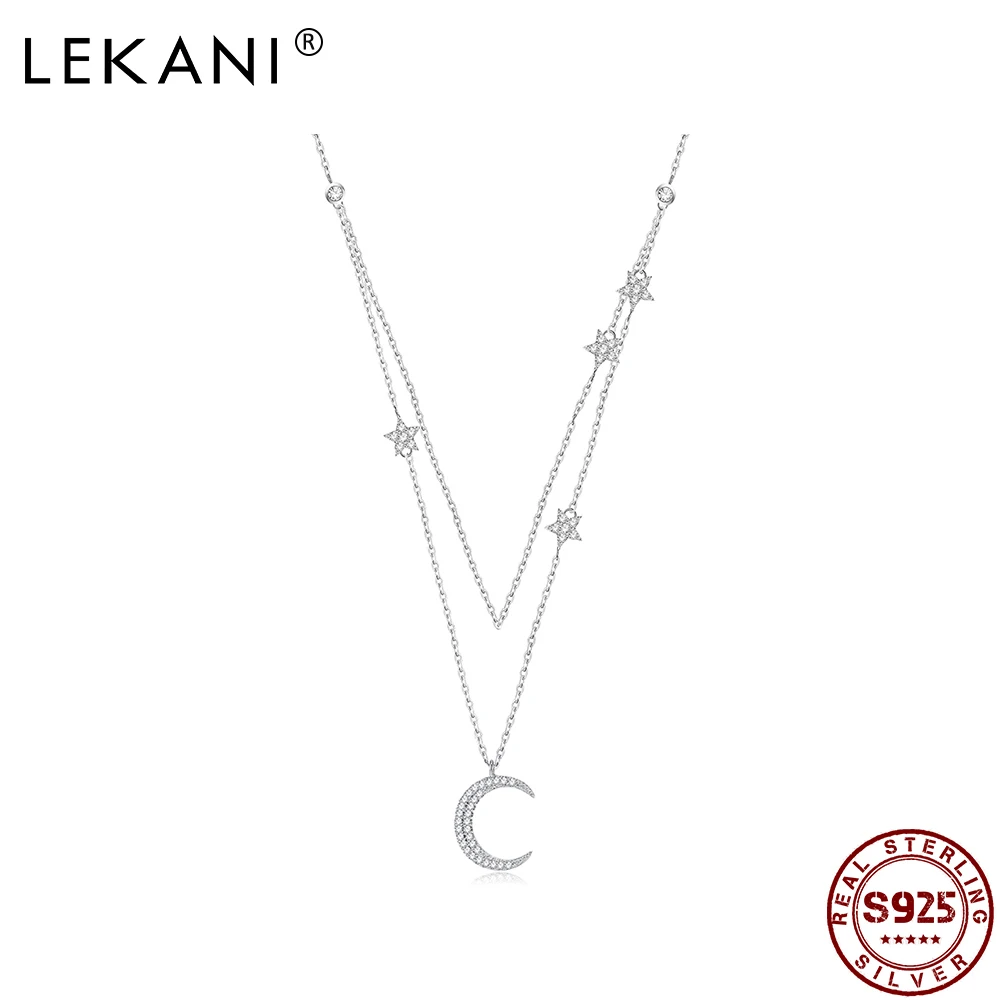 

LEKANI Genuine 925 Sterling Silver Moon & Star Double Layers Chain Pendant Necklaces For Women Shiny Zircon Silver 925 Jewelry