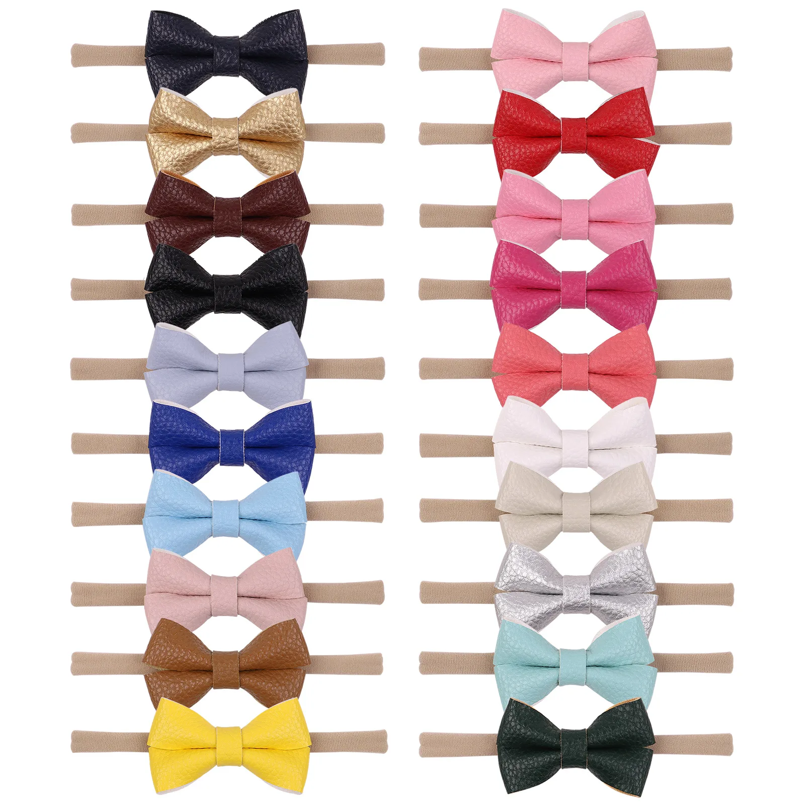 

60pc/lot New 2.5inch Faux Leather Hair Bow Nylon Headband Baby Girls Solid Bow Hair Clips,Newborn Nylon Turban Hair Accessories