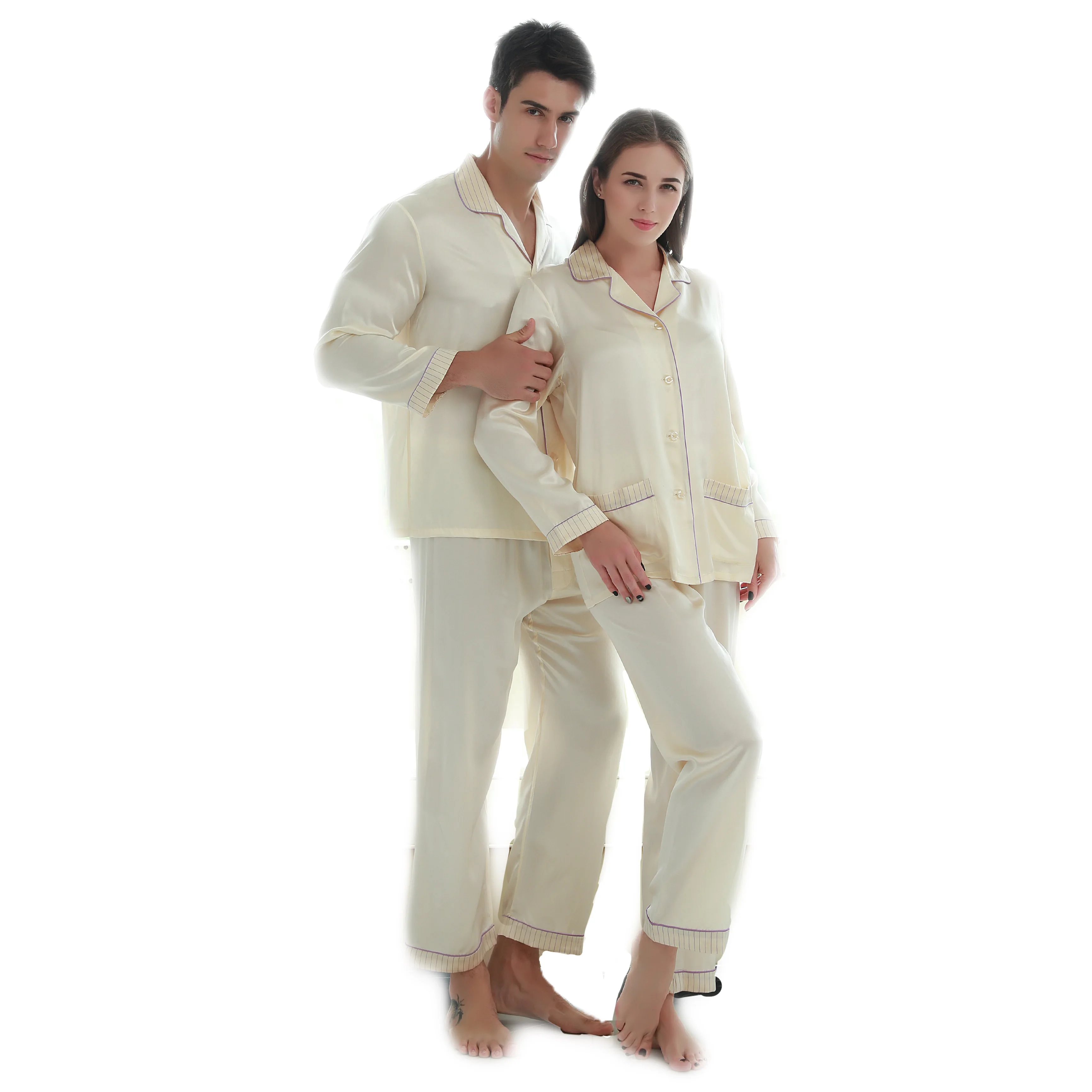 

Лидер продаж, весенне-осенний пижамный комплект из бамбукового шелка, женские и мужские однотонные топы, брюки, одежда для сна, Уютная домаш...