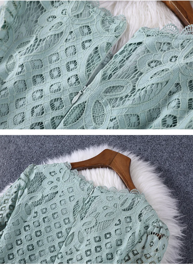 

Autumn new 2020 women's round neck long sleeve casual fashion all-match loose lace hedging temperament A-line dress solid color