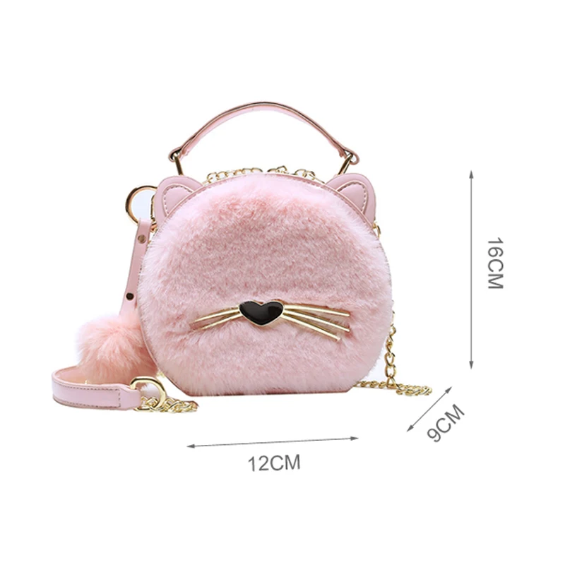 YOUSE Cute Cartoon Cat Design Chains Shoulder Bag Women Circular PU Leather Velour Plush Crossbody Bag Girl Handbag Purse Totes