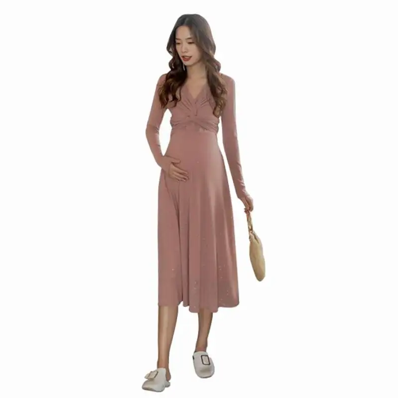 

Hot sale Maternity Dress high quality Autumn dress fairy French Style clothes reduce age bling bling thin Mid-Long Autumn Dress