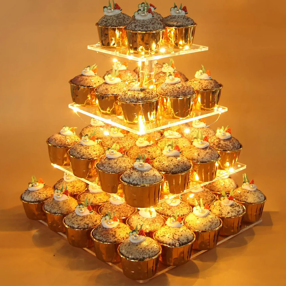 

4-Tier Cake Plate Stand LED Light String Cupcake Holder Acrylic Cupcake Display Stand Holder Wedding Party Decoration Cake Tools