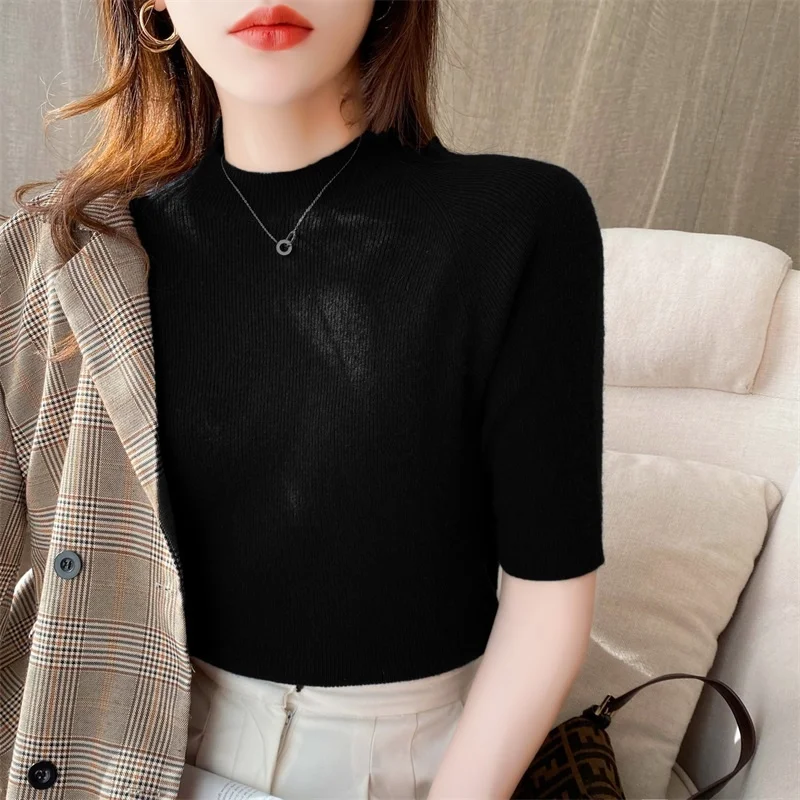 

Women Turtleneck Short Sleeve Knitted Pullover Spring Summer Causal Solid Color Sweater Office Lady Clothes High Quality