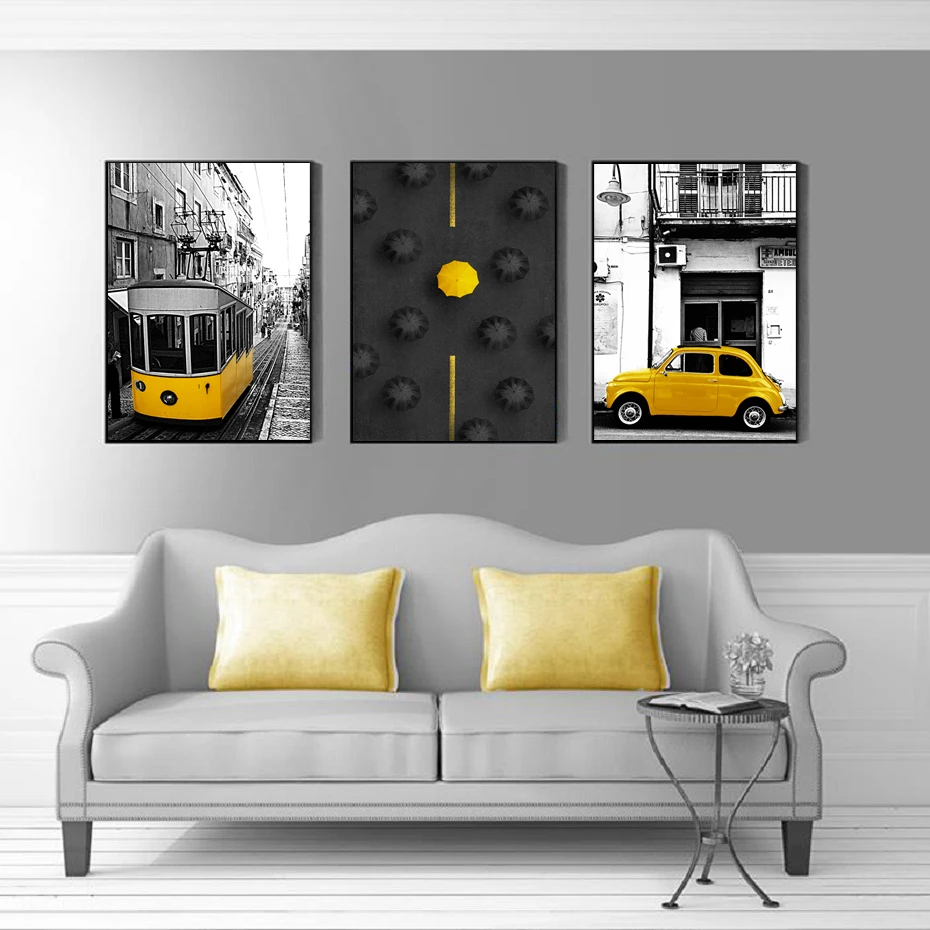 

Modern City Black and White Art Series Retro Transportation Yellow Tram Black Umbrella Art Poster Canvas Decorative Painting