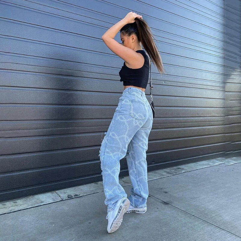 

2021 Summer New Women's Fashion Slim Casual Pants Washed Ripped Holes Wide Legs High Waist Jeans Feminine Fashion Wearing Charmi