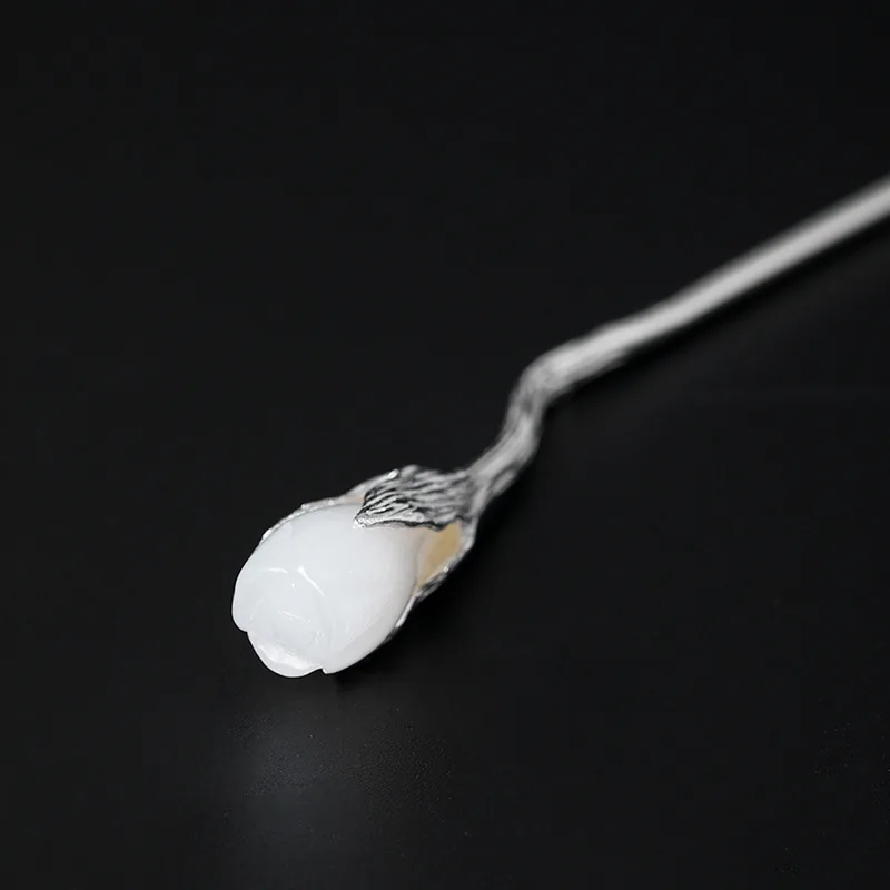 

s925 Sterling silver retro ethnic style headgear female simple creative design white jade hairpin magnolia flower hair decoratio