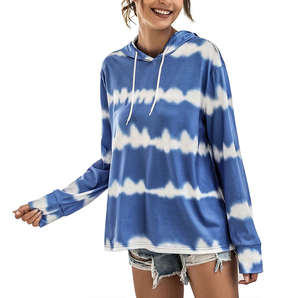

2020 Autumn Tie Dyeing Women Pullovers Hoodied Collar Bandage Long Sleeve Blue Tops Clothing Casual Loose Sweatshirts