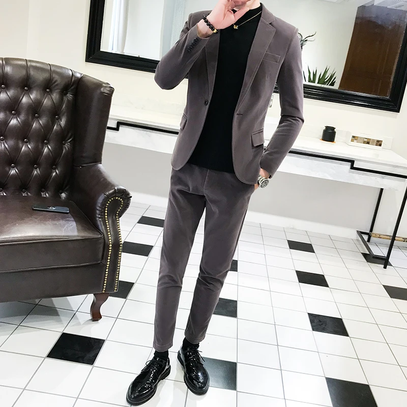 

Autumn New Style Men's Suede Blazer Stylish Slim Fit Single-Button Plain wedding party 2 pieces Jacket Suit Pants Suit Set