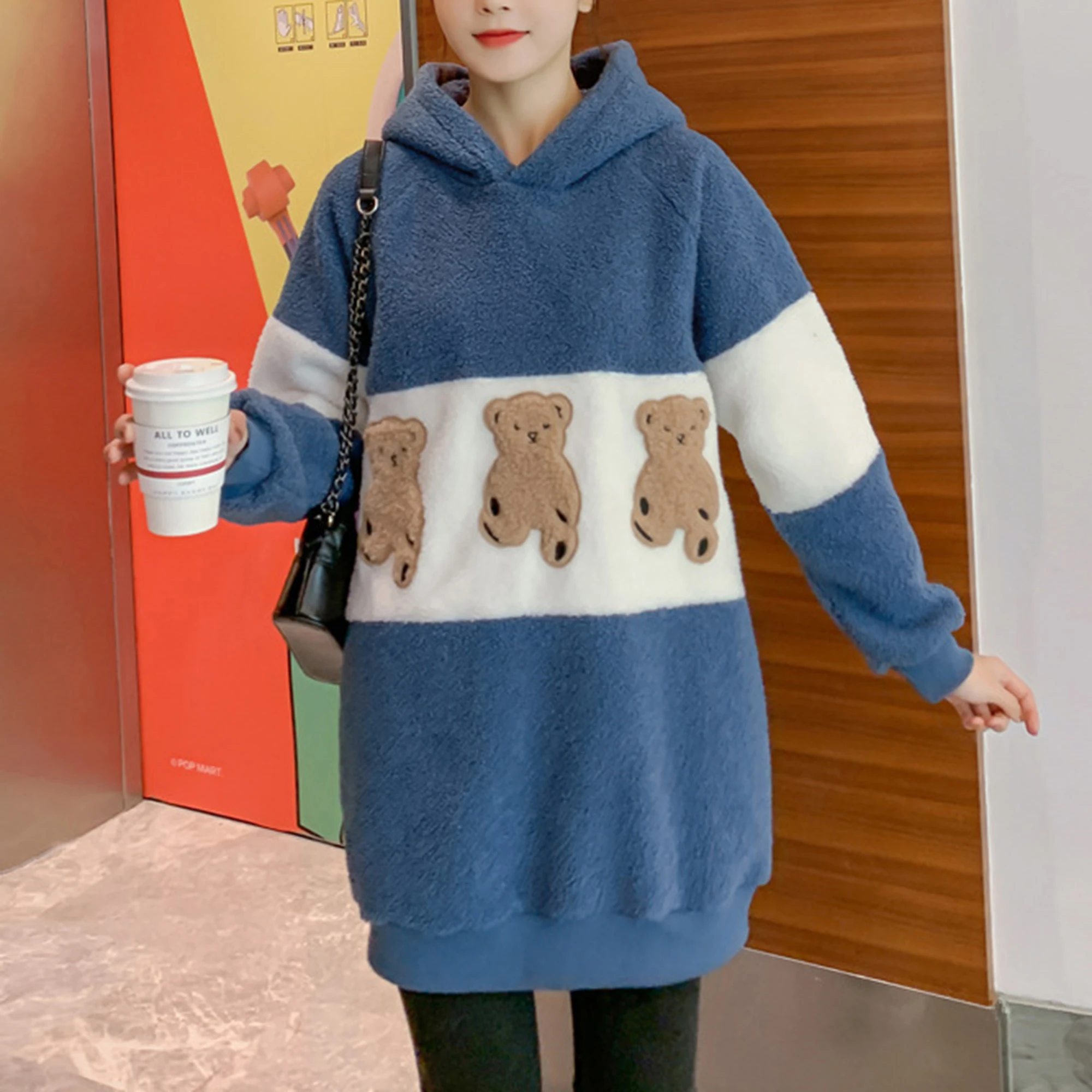 

Толстовка с капюшоном с вышивкой милого медведя для женщин и девочек, милая Толстовка в стиле пэчворк, осенне-зимний плотный флисовый пулов...