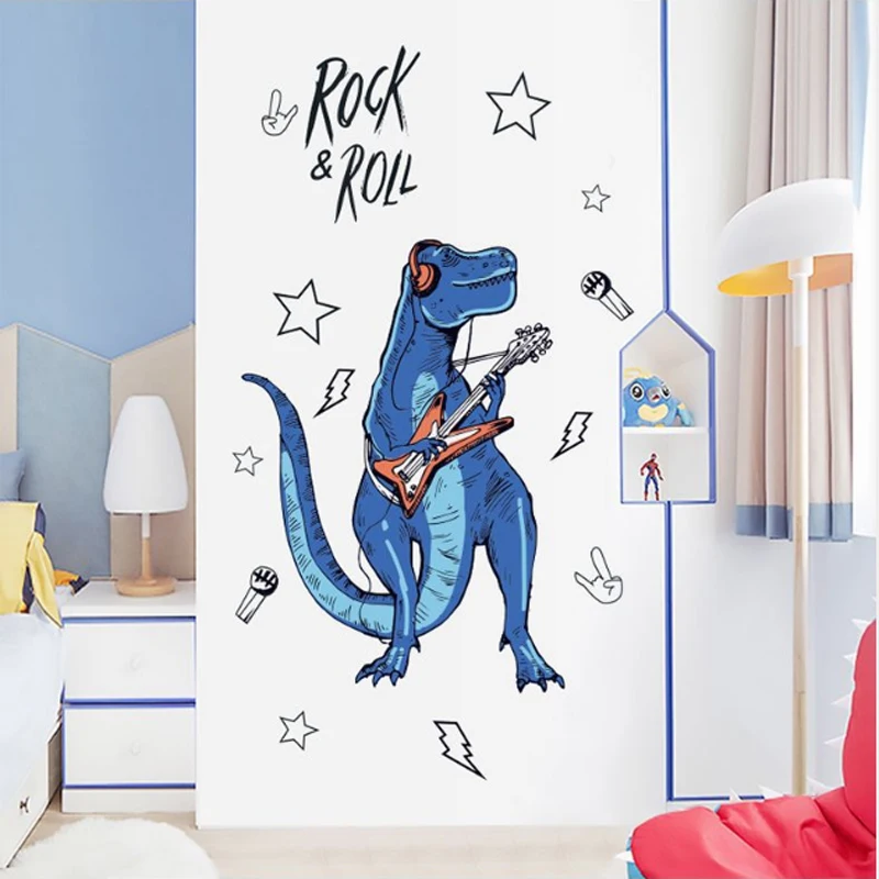 Rock Roll Dinosaur Wall stickers For Kids Room Cartoon Animals Home Decor Art Viny PVC Wallpaper Creative Door Refrigerator Deco |