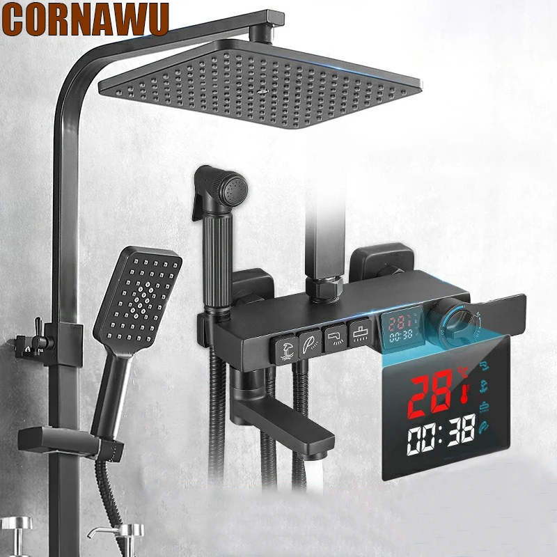 

Thermostatic Shower System Set Bathroom Digital Rain Showers Faucet Wall Mount Square Rod SPA Rainfall Bath Tap Bathtub Torneira