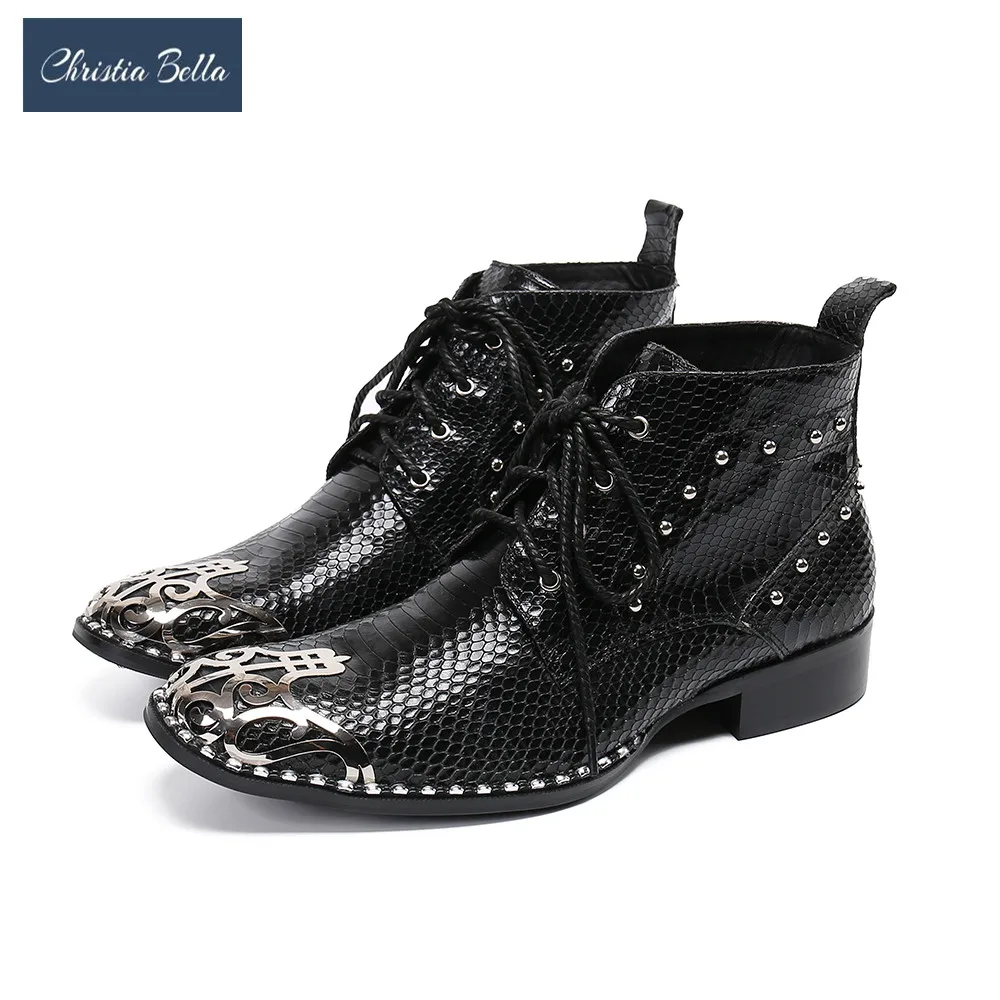 

Christia Bella Winter Fashion Men Dress Shoes Rivets Lace Up Genuine Leather Boots Square Toe Cowboy Ankle Boots Plus Size