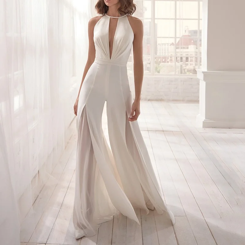 

Chiffon Halte Neck Jumpsuit Wedding Dress Elegant White Simple Sleeveless Bridal Gowns Robe Party Floor Length Vestido De Novia