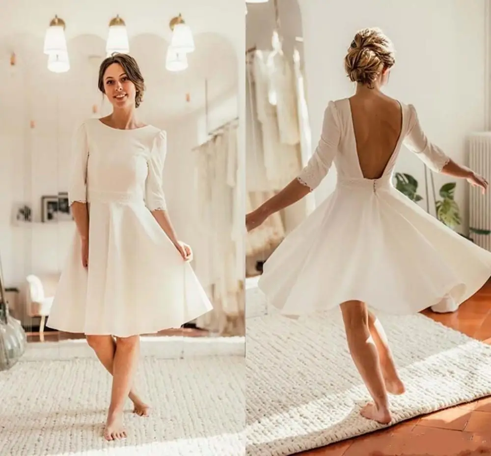 

YiMinpwp Beach Wedding Dressess 2021 Jewel Backless Half Sleeve Knee Length Applique Summer Bridal Gowns robes de mariée