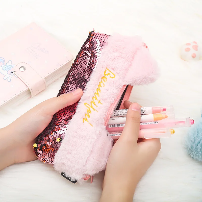 Большой плюшевый органайзер для канцелярских принадлежностей с блестками |