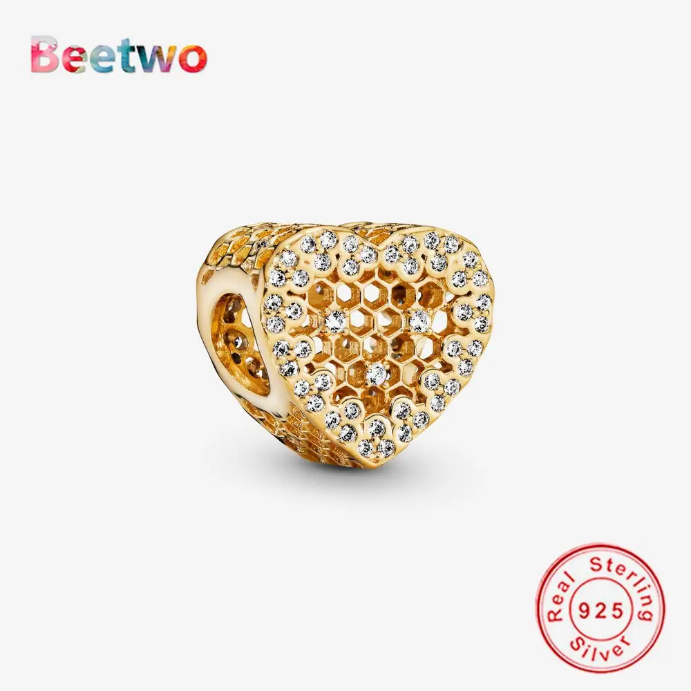 

925 Sterling Silver Gold Shine Honeycomb Charm Beads Fit Original Pandora Charms Bracelet Bead Women Fashion Jewelry Berloque