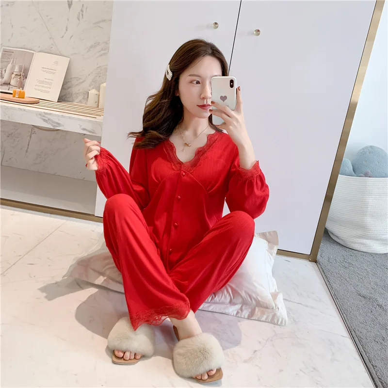 New Fashion Pajamas Women Pit Strips Pure Cotton Comfortable Lace Sexy Court Style Temperament Long-Sleeved Suit Home Service