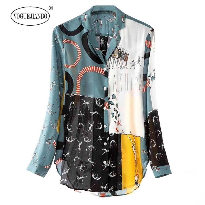 

2020 spring new long-sleeved silk shirt Suit collar hand-painted fashion shirt Silk blouse bluzki damskie camisa feminina tunic