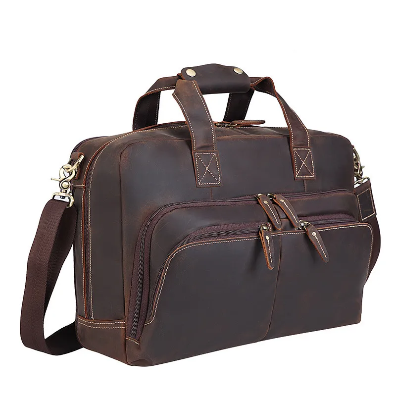 Luxury men's leather business briefcase natural leather retro handbag 17 inch laptop bag diagonal bag