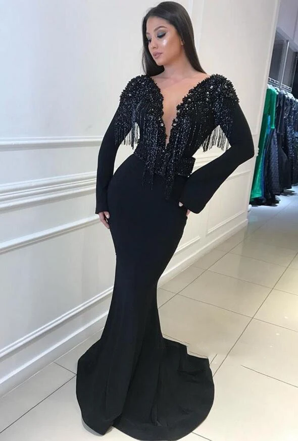 

Charming Black Long Sleeves Mermaid Deep V-Neck Prom Gowns Prom Dresses Sexy Lace Applique Elegant Evening Dress