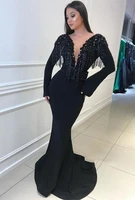 charming black long sleeves mermaid deep v neck prom gowns prom dresses sexy lace applique elegant evening dress