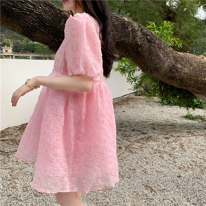 

KUSAHIKI Sweet Elegant Puff Sleeve O-neck Dresses 2021 Spring Summer New Women Dress Korean High Waist A-line Women Dress 6G139