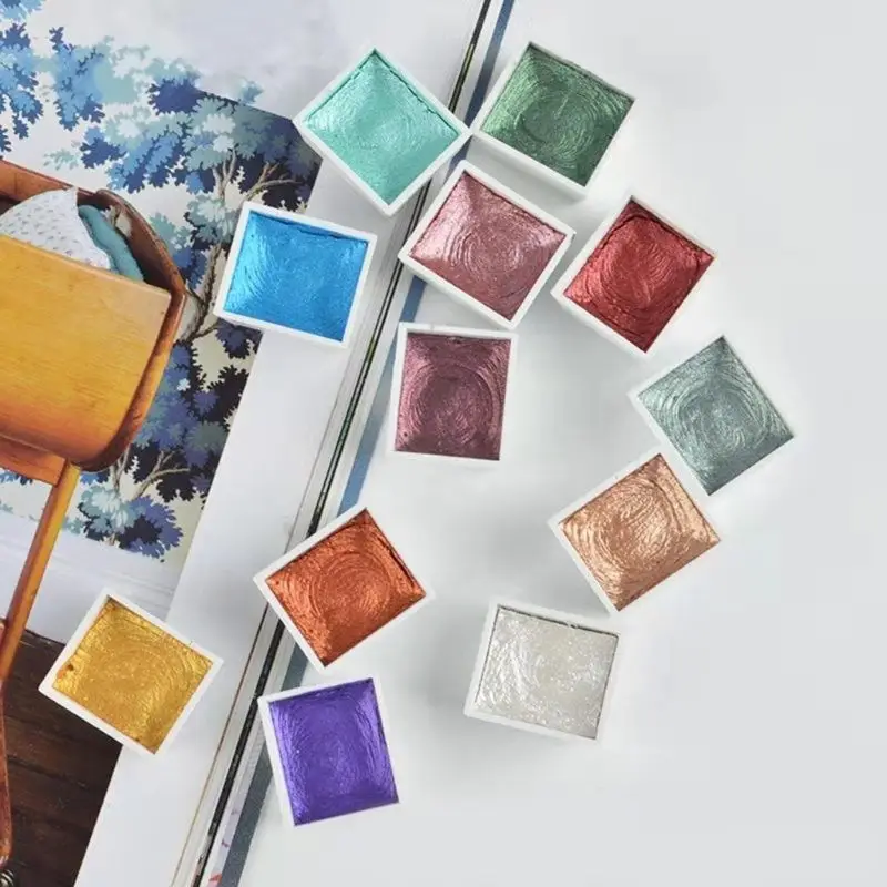 

Handmade 12 Color Glitter Water Color Set Metallic Gold aquarela Pigment Paint Artist Painting