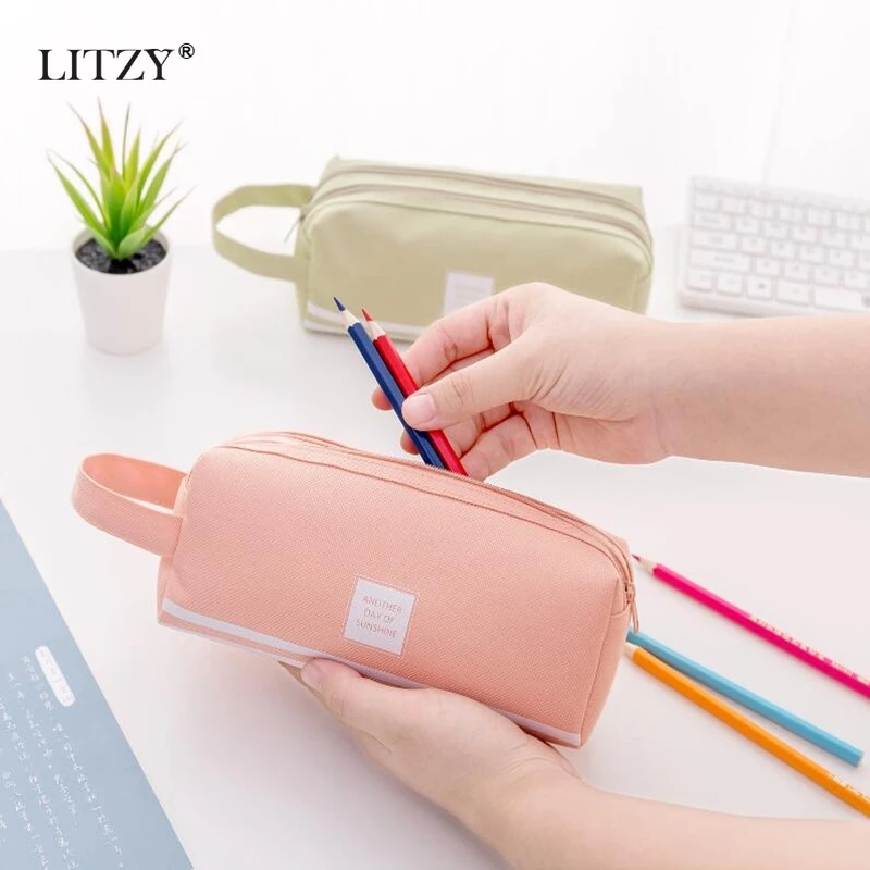 Пенал для карандашей большой пенал с двойной молнией кавайный Одноцветный