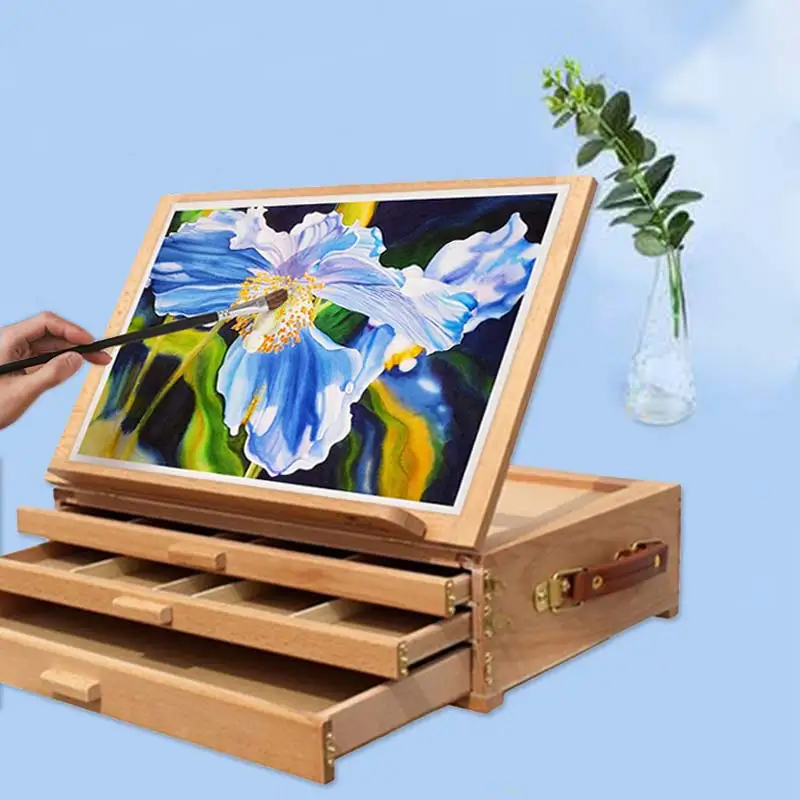 

Three Layers Wooden Table Easels For Painting Artist Drawer Box Portable Desktop Laptop Accessories Suitcase Paint Art Supplies