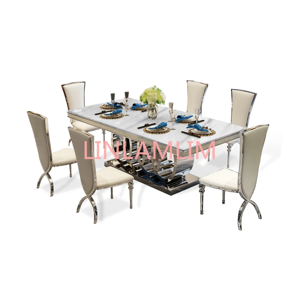 

designer unique new stainless steel golden dining room set with marble table and 6 leather chairs mesa de jantar muebles comedor