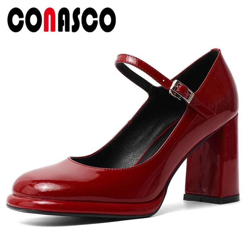 

CONASCO Concise Retro Women Pumps Genuine Leather Mary Janes Shoes High Heels Wedding Office Casual Shallow Shoes Woman 2021 New