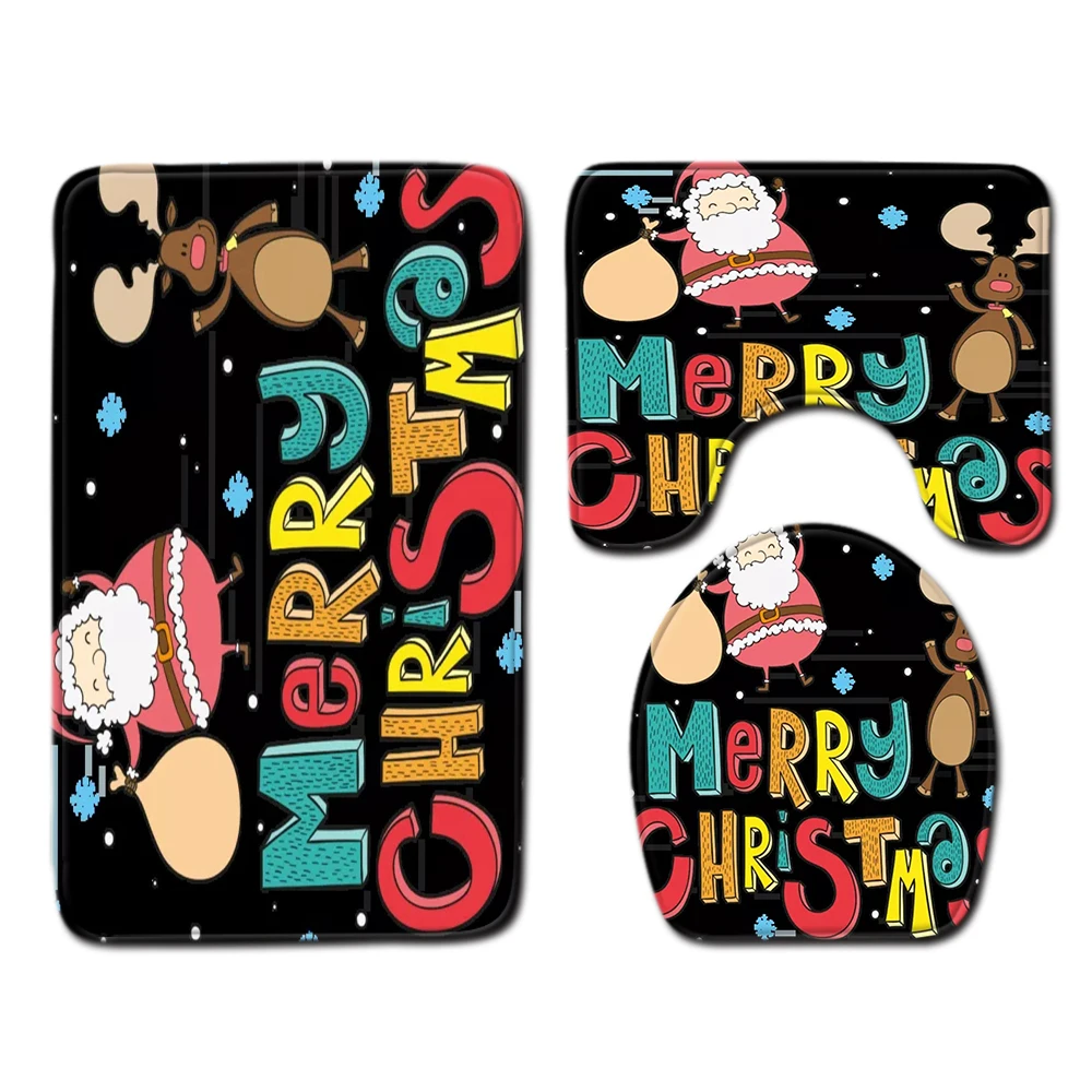 

Christmas Decorative Bathroom Shower Bath Mat Toilet Lid Cover Bathroom Carpet Rugs Home Santa Claus Elk Bathroom Mat Set