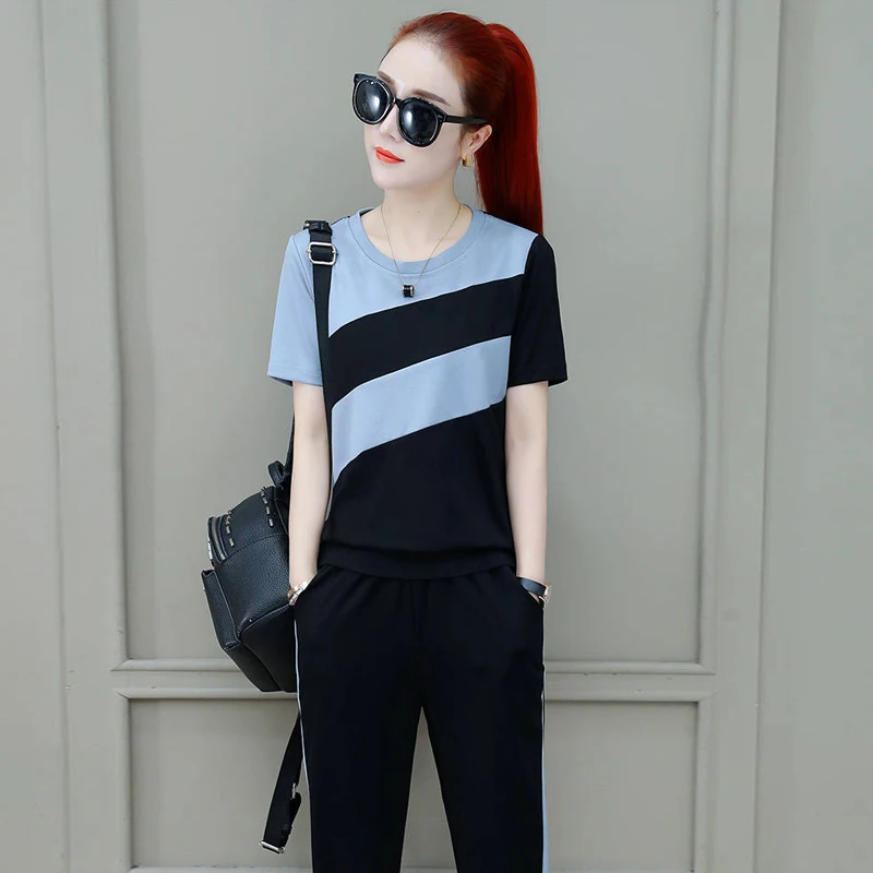 

Women Summer 2 Piece Set New Korean Loose Plus Size Short Sleeve Fashion Casual Two-piece Set Bule White Apricot