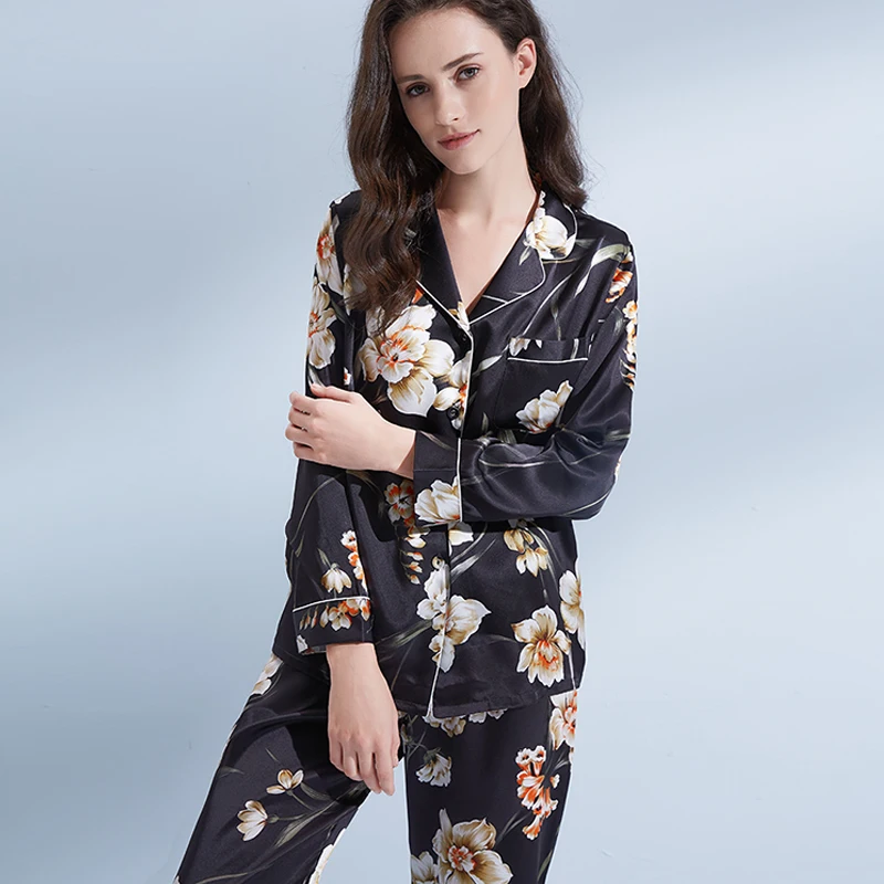 Women 100% Real Silk Pajamas Set 2021 Printed Nightgown for Young Moms Pyjama Femme Sleep Lounge Bedgown Silk Sleepwear Suits