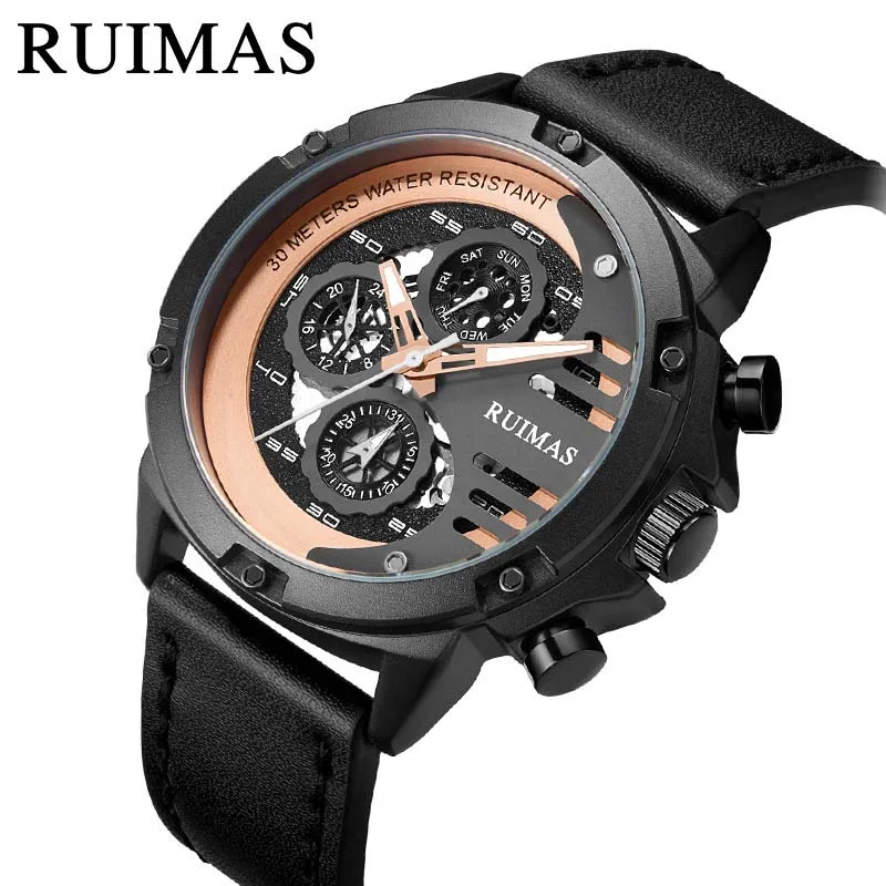 

RUIMAS Quartz Sport Watches Men Waterproof Luxury Hardlex Mirror Man's Wristwatches 24-hour Indication, Week Display, Luminous