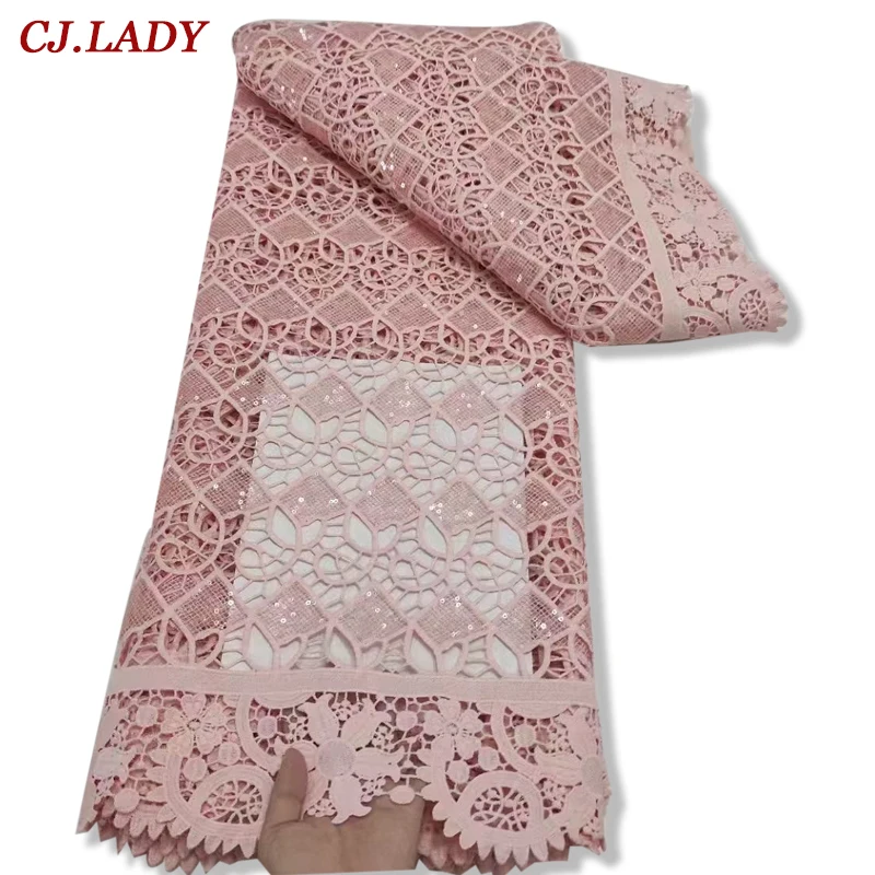 

Latest African Embroidery Tulle Lace Fabric 2021 Guipure Lace High Quality French Lace Fabric With Sequins 5 Yards for Women A04