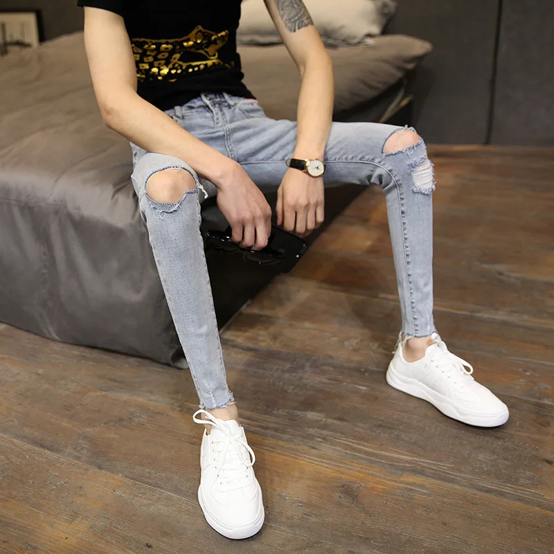 

Spring and summer 2021 ankle length jeans men's slim-fit feet pants Social guy tight-fitting hole cat-beard beggar pencil pants