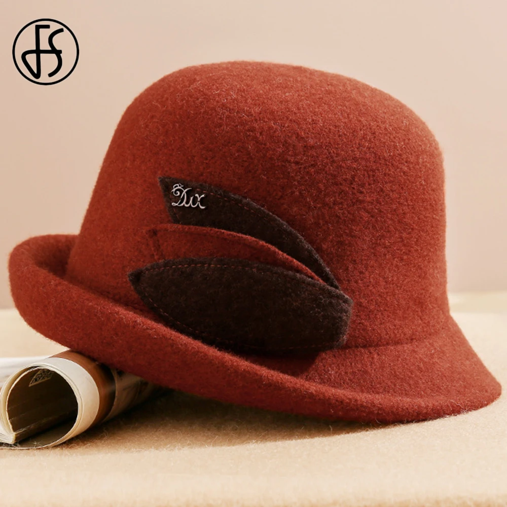 

FS Fashion Women Winter Warm Woolen Hats Solid Wool Felt Fedora Hat Foldable Cap Ladies Cloche Bowler Curling Church Caps Leaf