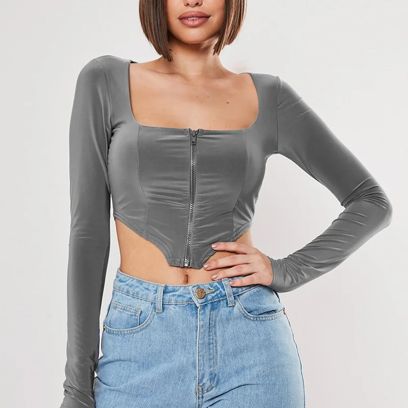 Women Long Sleeve Slim Tight Short T Shirt with Zipper Harajuku T-shirt Autumn Solid Color Square Collar Sexy Crop Top Tee L0327 | Женская