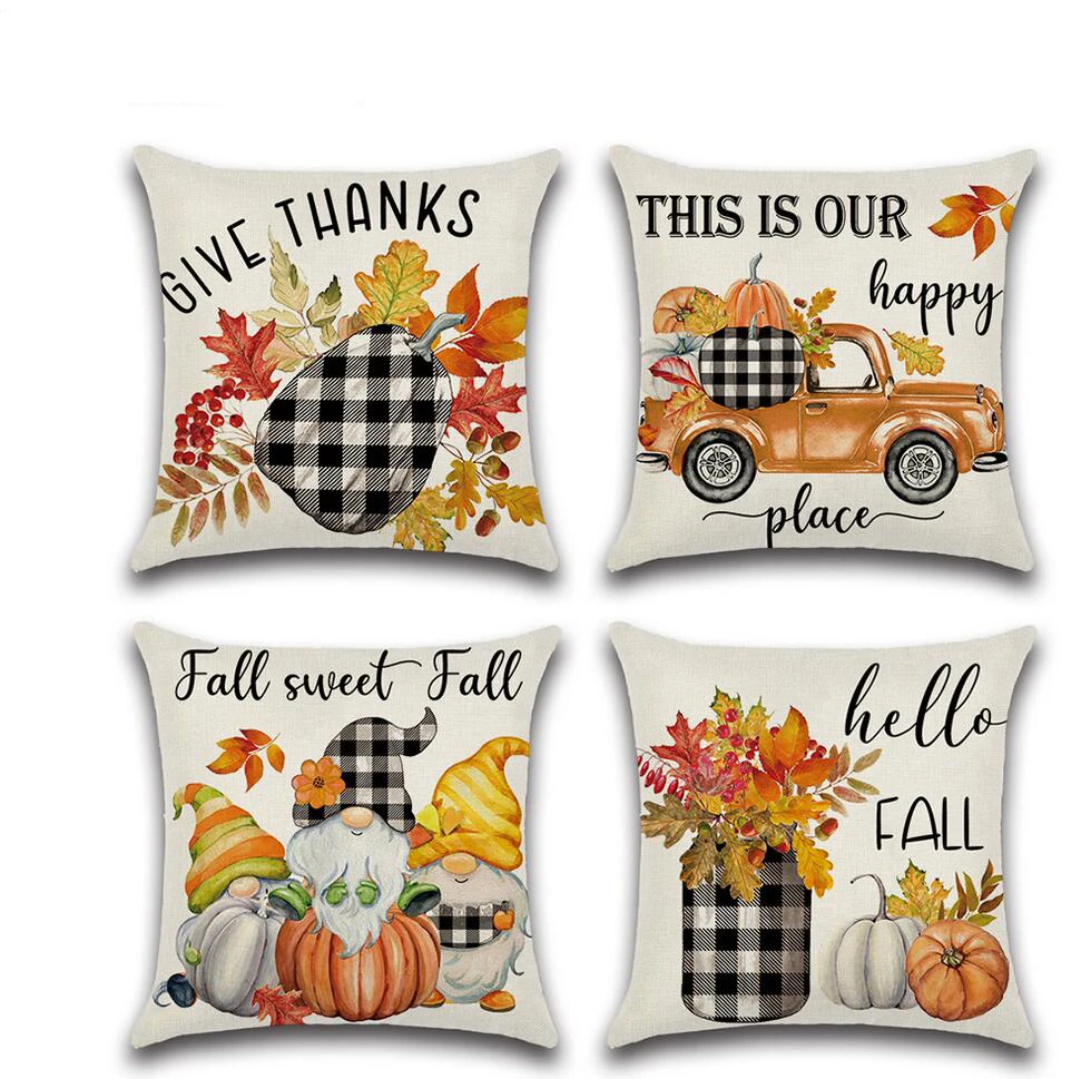

Autumn Thanksgiving Cushion Cover Linen Pumpkin Dwarf Plaid Vase Leaf Pillow Case Sofa Car Decoration Throw Pillows Cover Home