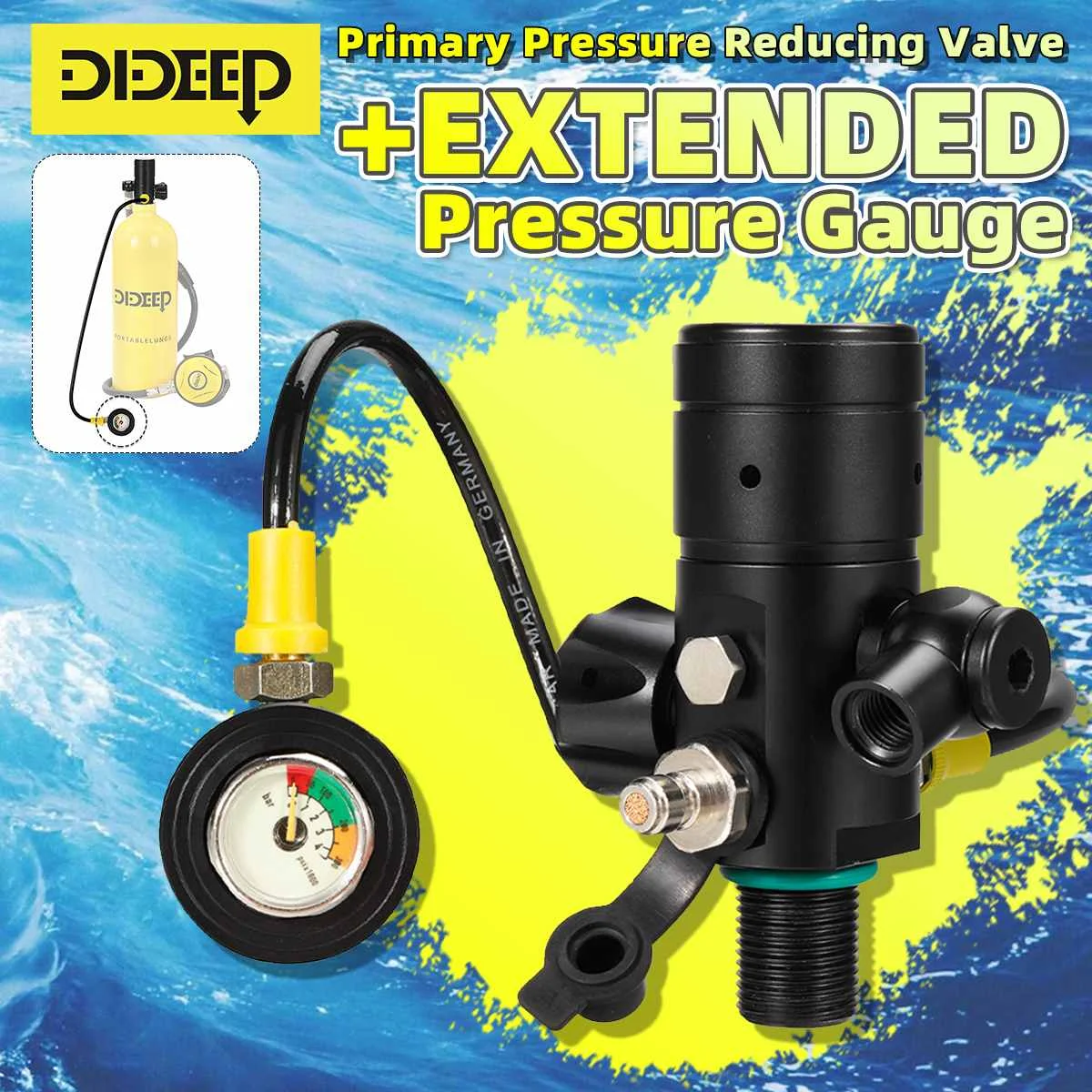 

DIDEEP Scuba Diving Valve First Level Pressure Reducing Diving Gear for M18x1.5cm Cylinder Diving Tank Scuba Diving Accessories