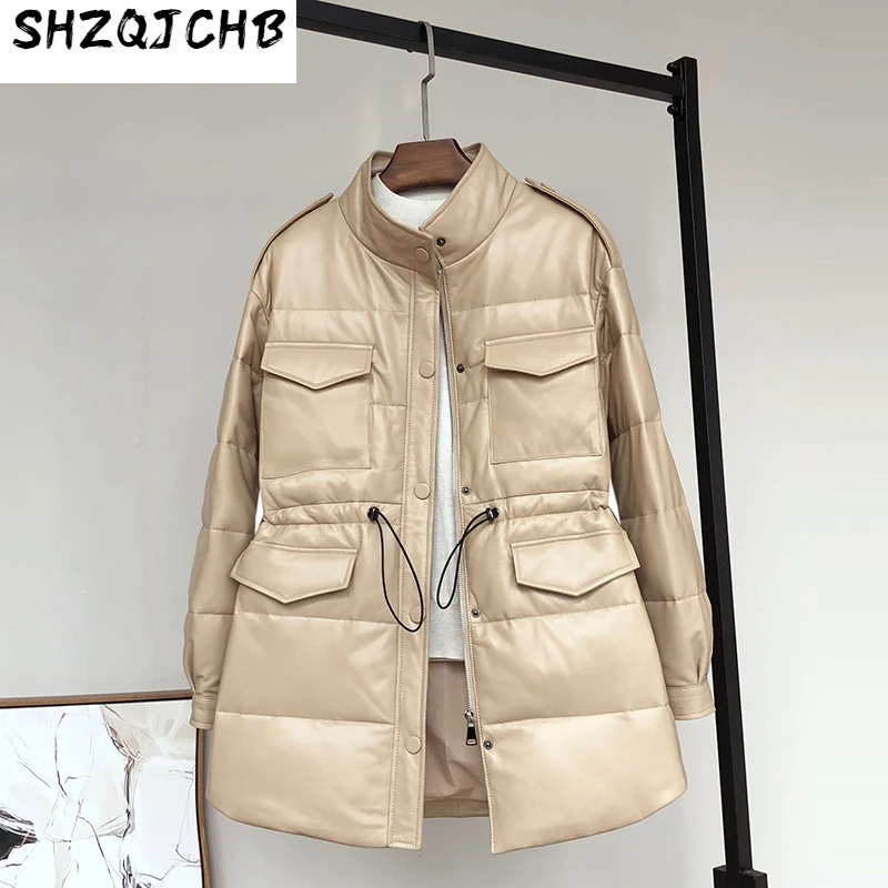 

SHZQ кожаный пуховик, кожаная куртка, женская средней и длинной ветровка с воротником-стойкой из овечьей кожи, красивая куртка с карманами