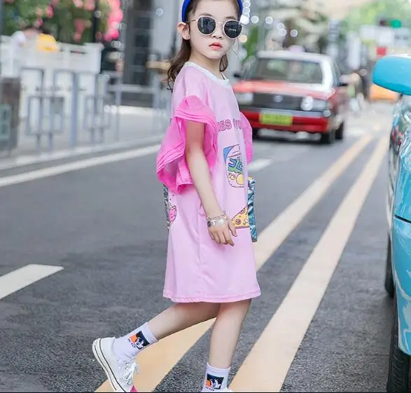 

Girl Summer Dress Big Children Girls New Fashion Cartoon Print Patchwork Gauze Party Dress Kids Cute Dress Girl Dresses