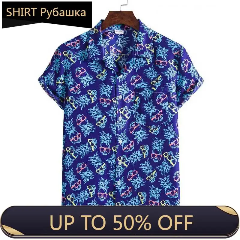 

Pineapple Print Blue Hawaiian Beach Shirts Men Short Sleeve Casual Tropical Aloha Shirts Mens Holiday Vacation Clothing Chemise