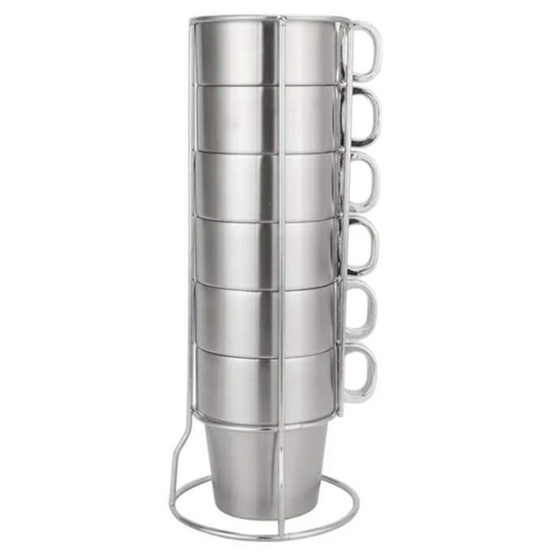 

Stainless Steel Water Cup, Double Layer Coffee Cup, Practical Anti-Scald Stackable Water Cup Set with Cup Holder Stand