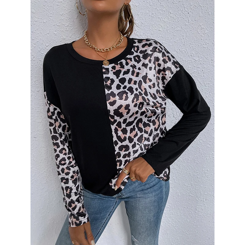 

Leopard Print Women T-Shirt O-Neck 2021 Spring Autumn Long Sleeve Casual Loose Patchwork Pullover Female Tops Harajuku SJ8227M