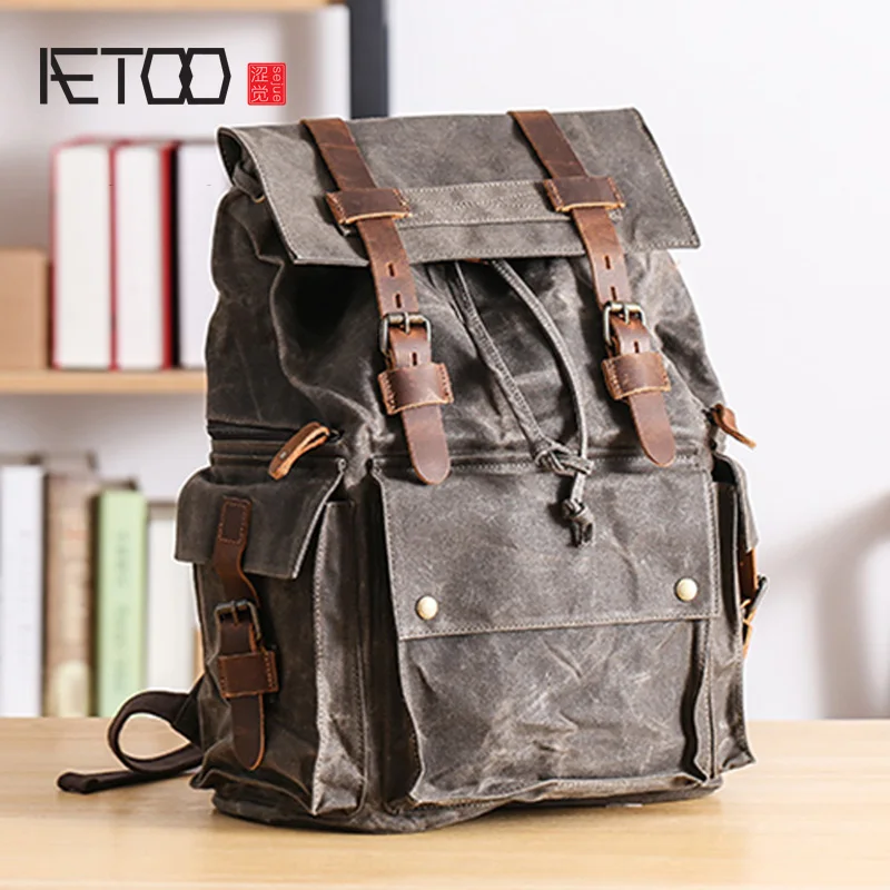 Сумка на плечо AETOO Мужская холщовая кожаный ранец с прострочкой Вместительная