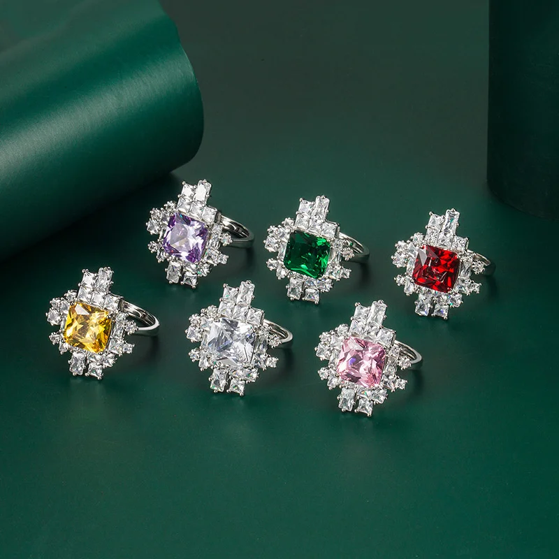 

Bella Box Irregular Zircon Open Rings 925 Sterling Silver Luxury Square Multicolor Gemstone Wedding Engagement Fine Jewelry
