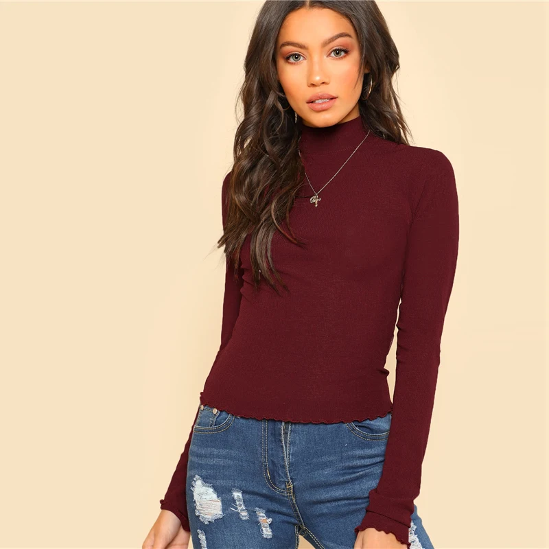 SHEIN Однотонная Водолазка С Высоким Воротником, Топ С Длинными Рукавами